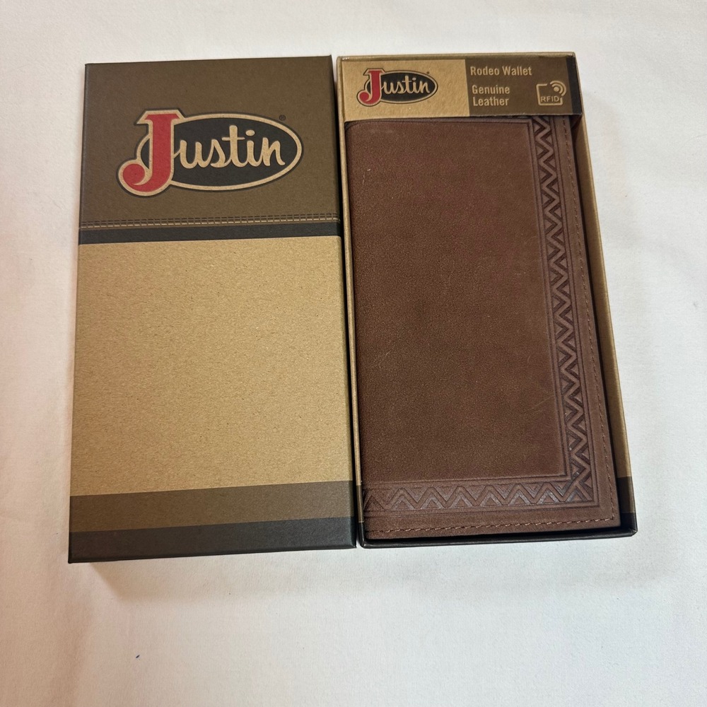New Justin Men Rodeo Wallet Brown Genuine Leather RFID Western Bifold 23093767W1